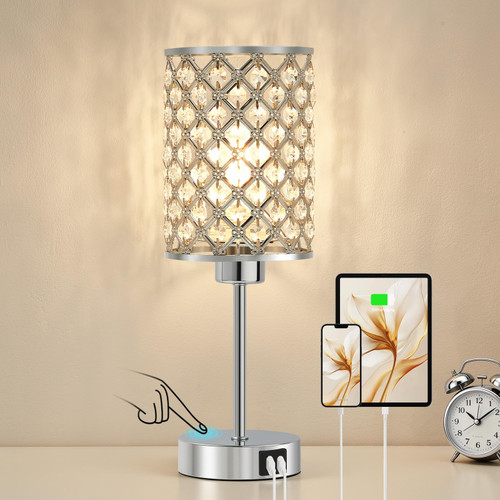 Crystal Table Lamp, Silver Touch Lamp with USB C+A Port, 3-Way Dimmable