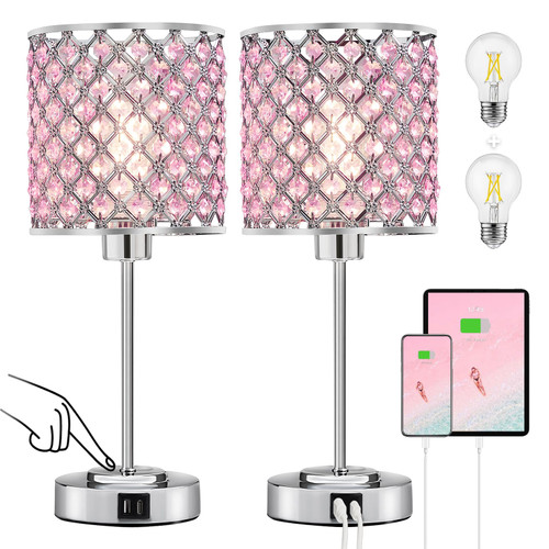 Pink Crystal Bedside Table Lamps Set of 2 with USB C+A Ports