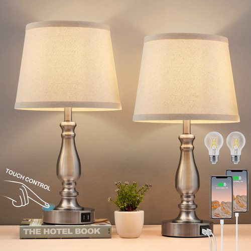 Lamps for Bedrooms Set of 2,Brushed Nickel Bedside Lamps with USB C+A Ports