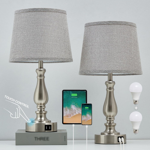 Table Lamps for Bedroom Set of 2,Dimmable Bedside Lamps with USB A+C Ports
