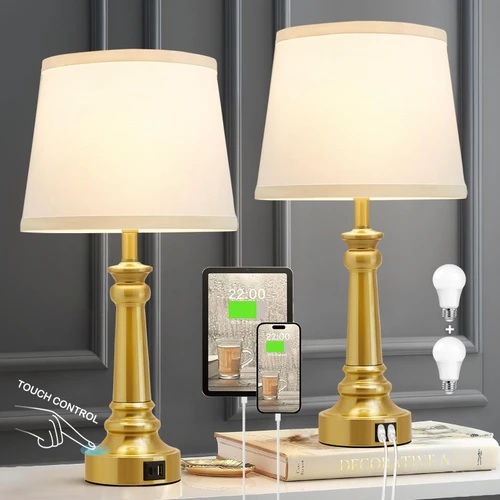 Touch Lamps for Nightstand Set of 2 - Gold Table Lamp for Bedroom Dimmable Bedside Lamps with USB C+A Ports - Lamps for Night Stands Living Room End Table,2 LED Bulbs Included