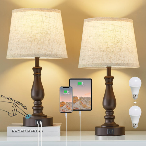 Table Lamps for Bedrooms Set of 2,Touch Bedside Lamps with USB C+A Ports