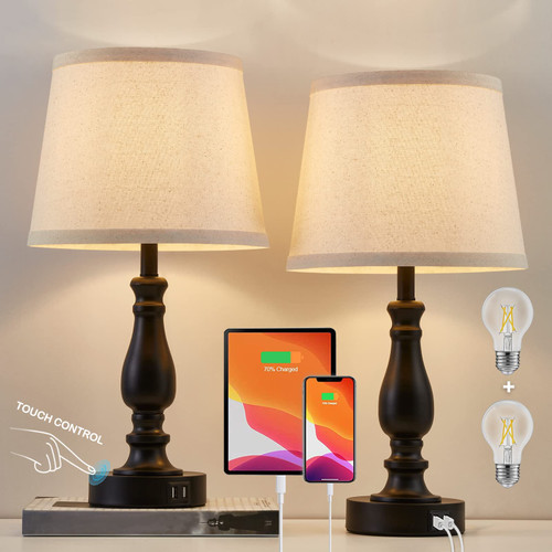 Lamps for Bedroom Set of 2, Touch Bedside Table Lamp with USB C+A Ports