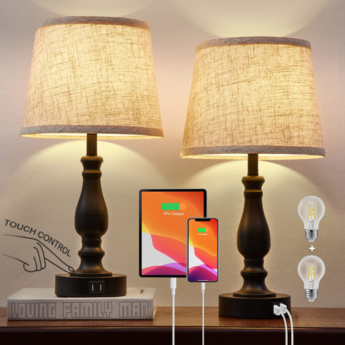 Table Lamps Set of 2,Bedside Nightstand Lamp with USB C+A Charging Ports