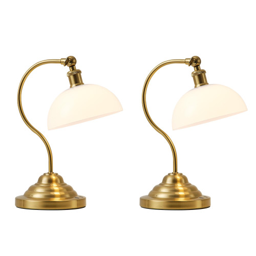 Cordless Table Lamp, Battery Operated Vintage Desk Light, Brass & White