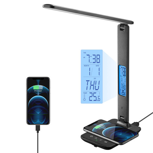 LED Desk Lamp with Wireless Charger, USB Charging Port, Table Lamp with Clock, Alarm, Date, Temperature, Desk Lamps for Home Office,Black