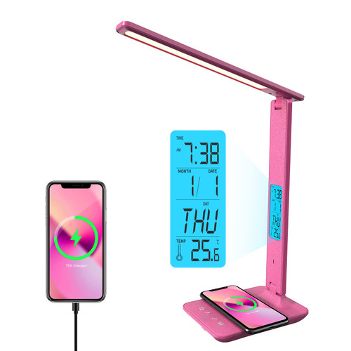 Desk Lamp, LED Desk Lamp with Wireless Charger, USB Charging Port, Table Lamp with Clock, Alarm, Date, Temperature, Office Lamp, Desk Lamps for Home Office, Pink