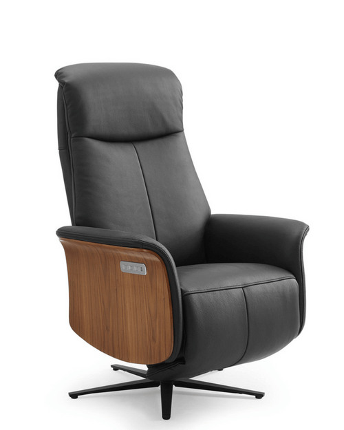 The Chasam black leather electric recliner chair with wood side panels by ModulaxUSA.