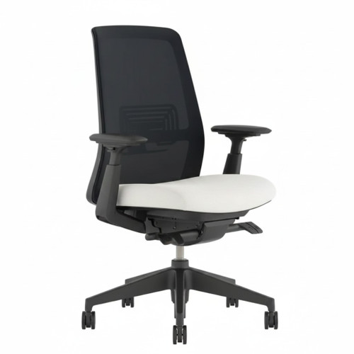 Haworth Soji Chair, Black Mesh White Fabric Seat, All Features, Adjustable Arms, Adjustable Lumbar Support