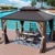 10' x 12' Hardtop Gazebo, Aluminum Frame with Galvanized Steel Double Roof, Outdoor Permanent Pavilion with Curtains and Netting for Patio, Backyard, Deck, Lawn(Brown)