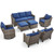7 Piece Outdoor Patio Furniture Set-All Weather Outdoor Conversation Sets Sectional Sofa with Wicker Swivel Rocker Patio Chairs,Thick Cushions Ottomans for Porch Balcony Patio Deck Grey/Blue