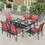 7 PCS Patio Dining Set All-Weather Outdoor Furniture, 6 Dining Chairs and Large Metal Table with Double Umbrella Hole for Yard, Garden, Porch, Deck (Red)
