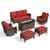 Red Patio Furniture Set, 6-Piece Outdoor Seating Conversation Sets with High Back Wicker Sofa, Swivel Chairs with 5.5" Thick Cushions, Fire Pit Table & Ottomans for Deck Yard Garden