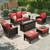 Red Patio Furniture Set, 6-Piece Outdoor Seating Conversation Sets with High Back Wicker Sofa, Swivel Chairs with 5.5" Thick Cushions, Fire Pit Table & Ottomans for Deck Yard Garden