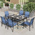 Outdoor Dining Set, Rectangle Metal Table with Double Umbrella Hole and 6 Armrest Chairs, Patio Table and Chairs for Backyard Garden Porch Deck (Blue)