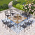 9 Pieces Outdoor Dining Set for 8, 57.5” Brown Wood-Like Square Metal Steel Table with Umbrella Hole & Stackable Wrought Iron Chairs, Large Outside Furniture for Patio, Deck, Yard, Porch