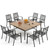 9 Pieces Outdoor Dining Set for 8, 57.5" Brown Square Iron Table with Umbrella Hole & Stackable Black Metal Steel Chairs, Large Outside Furniture Set for Patio, Deck, Yard, Porch