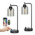 Industrial Desk Lamps for Office Set of 2 - Fully Dimmable Bedside Lamps with USB A C Ports and Outlet, Black Nightstand Lamps with Grey Glass Shade for Living Room, Table Lamps for Bedrooms Reading