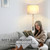 Bedroom Standing Floor Lamp with Linen Shade,White+ Wood Black Pole