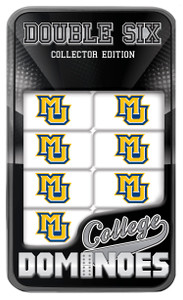 Tin of Marquette Dominoes with the MU logo on them