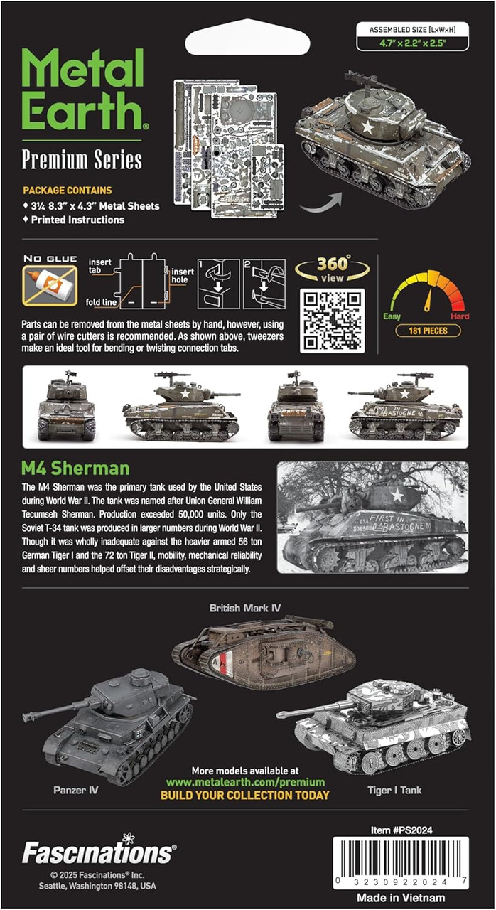 Metal Earth Premium Series M4 Sherman 3D Metal Model + Tweezer 20247 ...