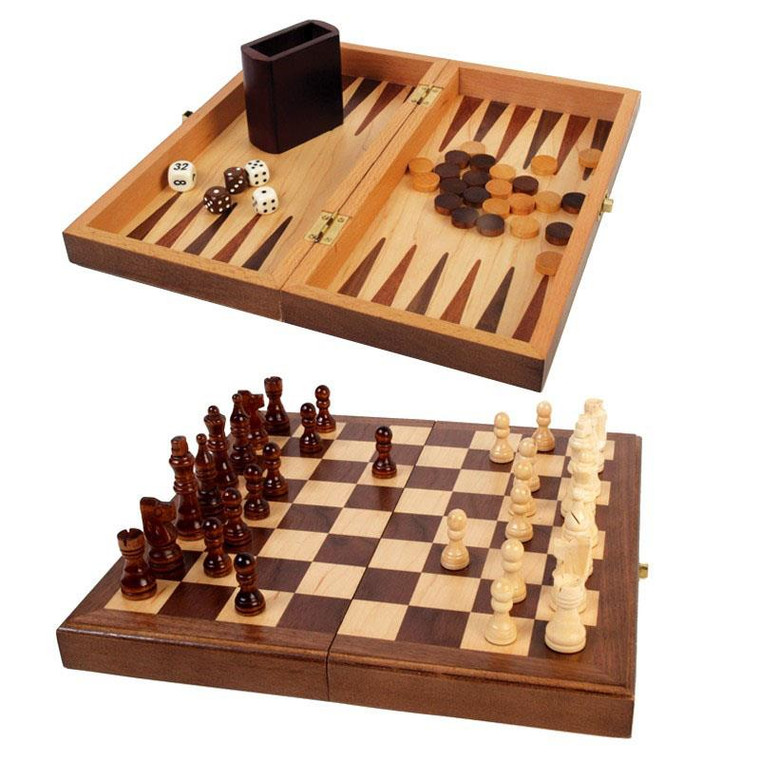 John Hansen Walnut Wood 3-in-1 Game Set (Chess, Checkers, Backgammon) - 025766107282