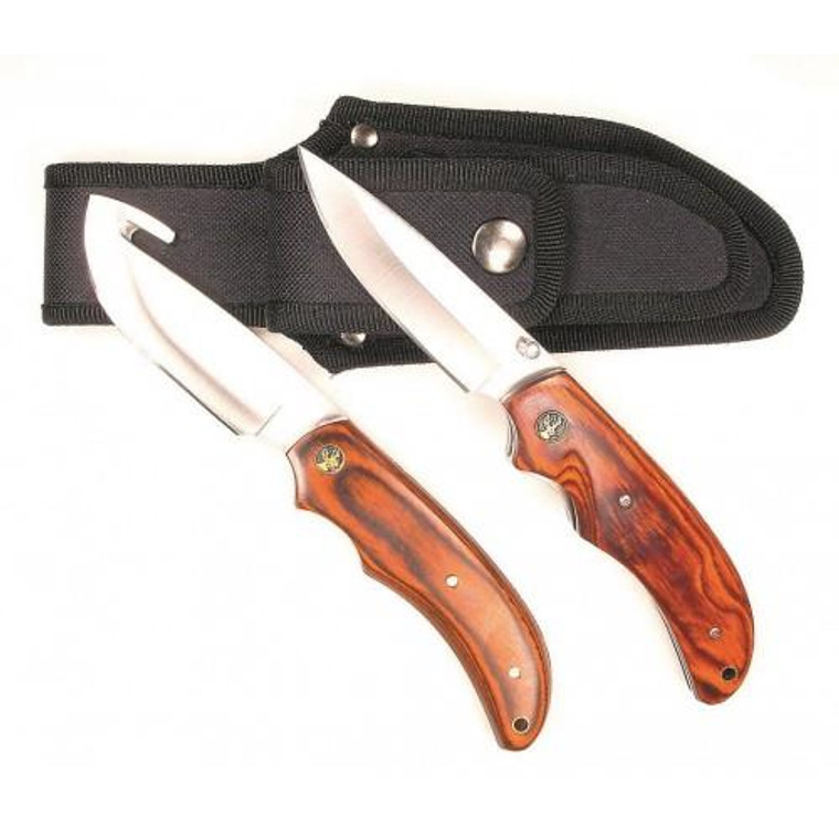 2-pc Pakkawood Handle Scales Gut Hook Skinning Knife Set with Folding Knife - 770583904070