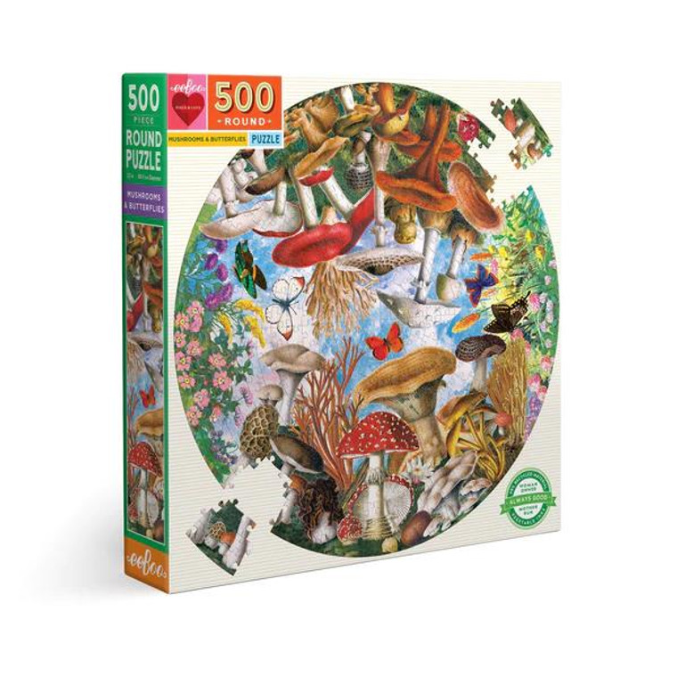 Eeboo Mushroom & Butterfly 500pc Round Puzzle - 689196508219