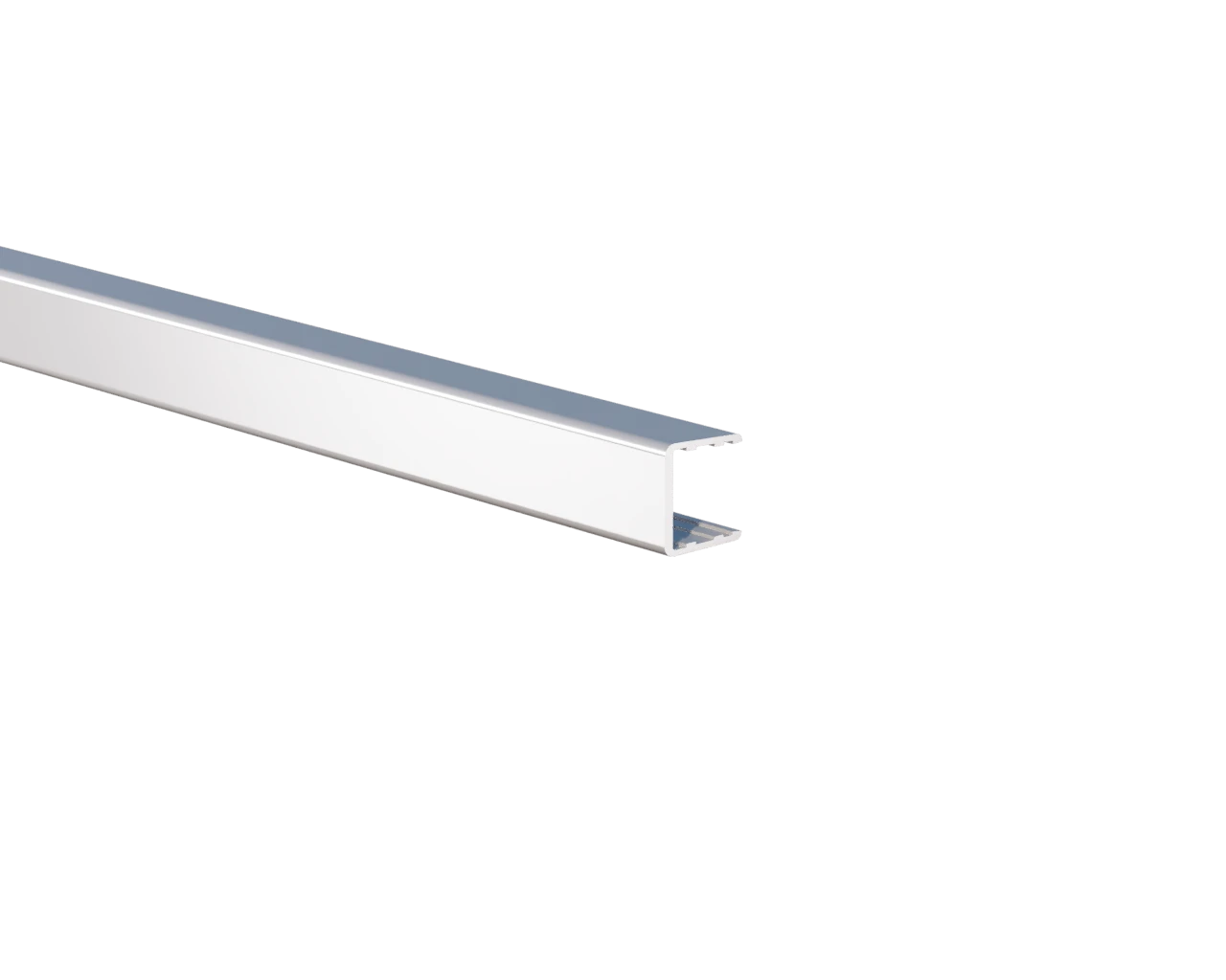 Smooth aluminum shelf stiffener in clear anodized, close-up of the face and profile end
