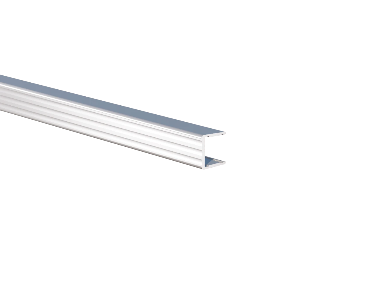 Scalloped aluminum shelf stiffener in clear anodized, close-up of the face and profile end
