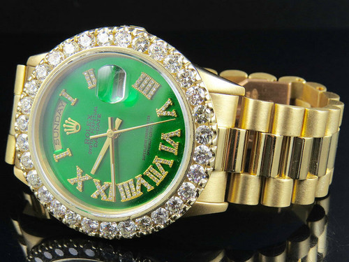 18K Yellow Gold Rolex Green Dial President Day-Date 36MM Diamond Watch 6.5 Ct