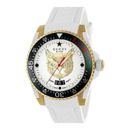 Gucci Dive Men's Watch Golden Stainless Steel Rubber Cat White Dial YA136322l,what you see will what you get ,or you will get a full refund ,please don't worry