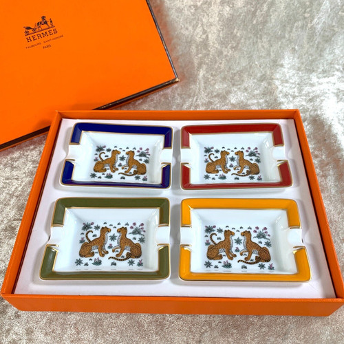4 x Hermes Paris Ashtray LEOPARD Animal Porcelain Mini Tray 8 x 6 cm with Box