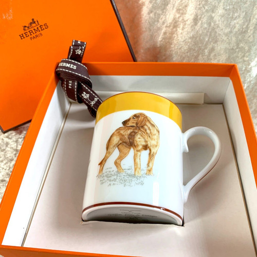 Authentic HERMES Porcelain Mug Cup Tableware Griffon Ford Dog Motif with Case
