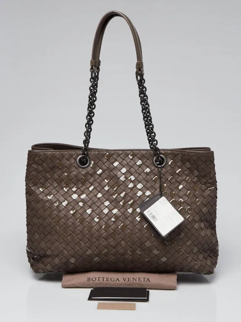 Bottega Brown Intrecciato Woven Nappa And Patent Leather Tote Bag