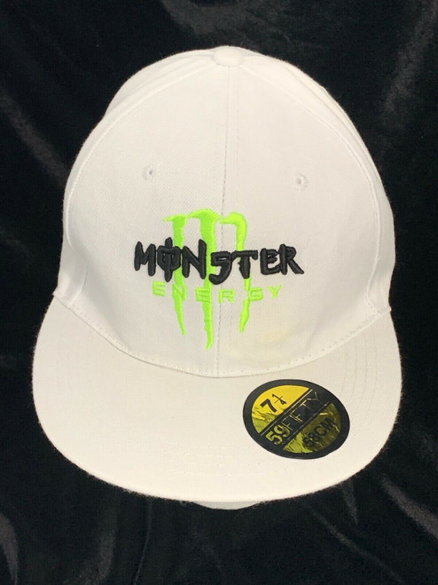 Mens 59FIFTY Hat MONSTER ENERGY DRINK White with Black Writing Size 7 14 Nice!