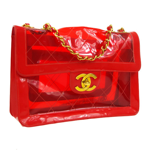 CHANEL Quilted CC Jumbo Double Chain Shoulder Bag Red Vinyl Patent AK31863e