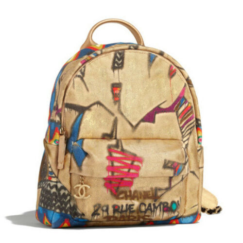 CHANEL Graffiti Backpack Bag Calfskin Gold Cotton AS0867 Metiers d'Art Auth New