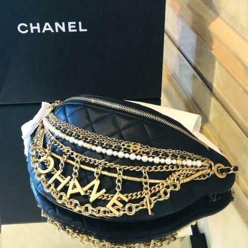 Chanel Shoulder Body Bag Waist Purse Pearl Gold Silver Chain Black Lambskin New