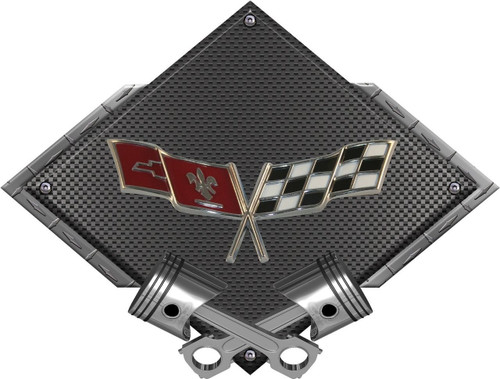 Corvette C3 Crossed Flags Diamond and Crossed Pistons Steel Sign