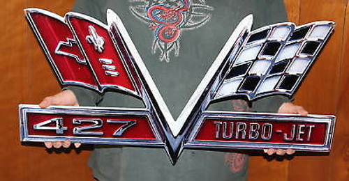 Chevy 427 V-Flag Turbo Jet Steel Sign