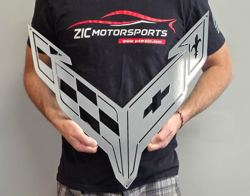 Corvette C8 Crossed Flags Logo Silver Chrome Steel Garage Sign Corvette C8 Crossed Flags Logo Silver Chrome Steel Garage Sign