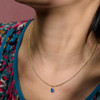 Blue Sapphire Pear Pendant on Ball Chain on model close-up