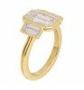 Three stone emerald cut bezel set engagement ring in yellow gold  side view
