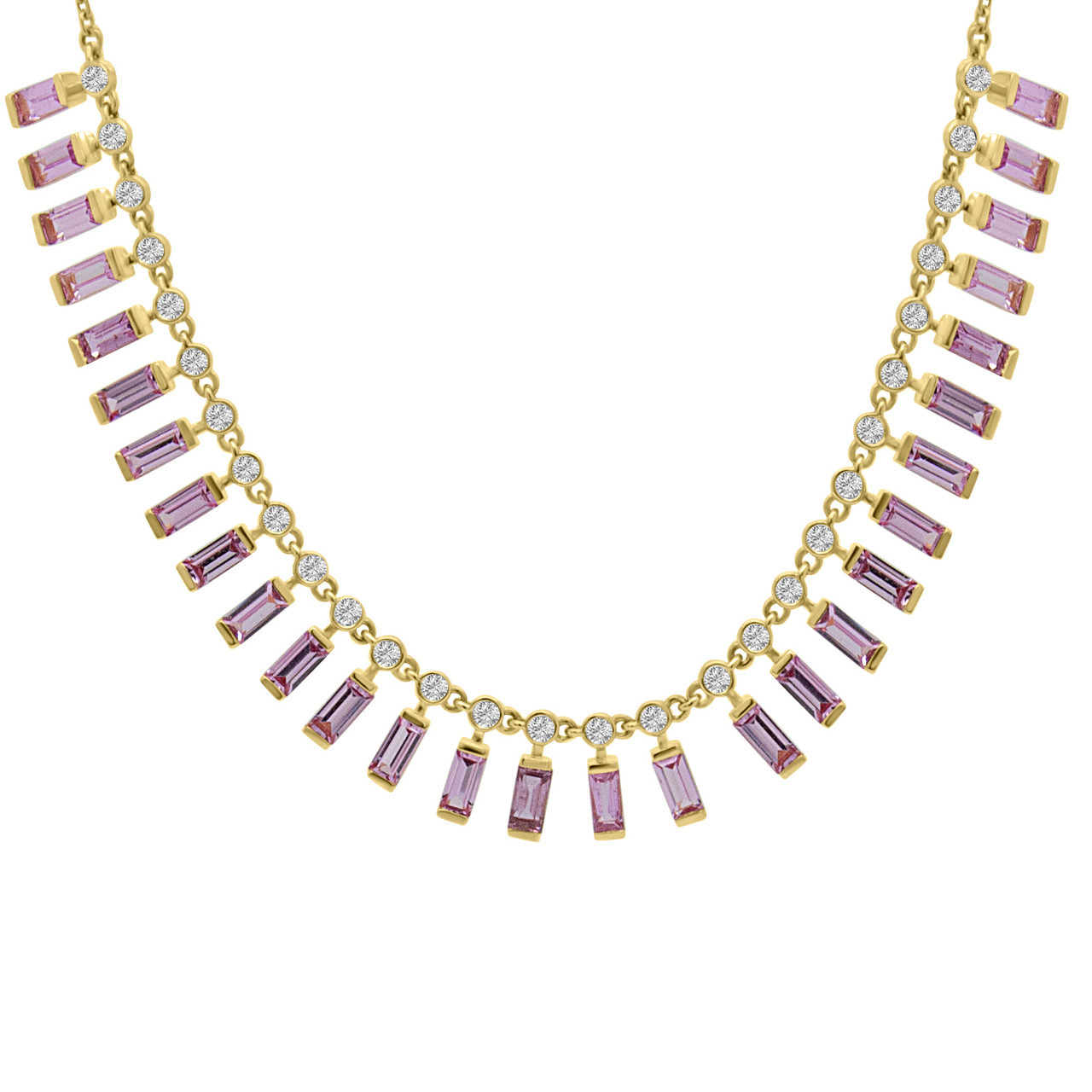 Baguette Choker Diamond Necklace With Pink Sapphire In 14K Rose Gold