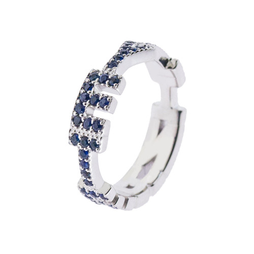 Personalized Ring | White Gold & Blue Sapphire spells out the word ETERNITY