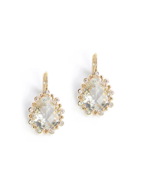 Pear shaped white topaz lever back earring with diamond halos