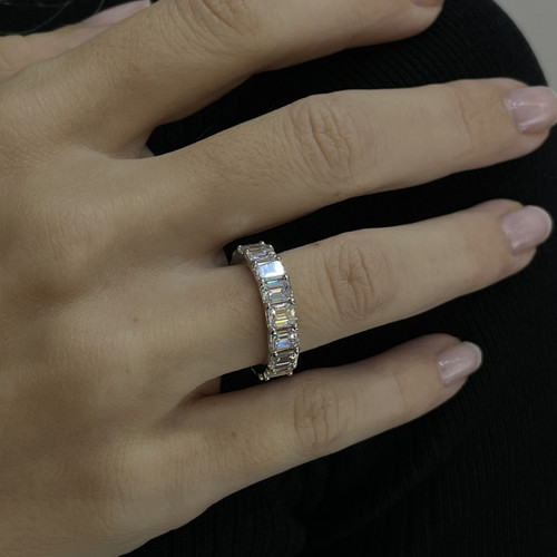 Diamond Emerald Cut Prong Eternity Ring on hand