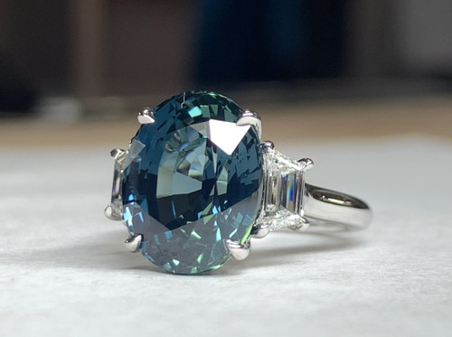 Oval Teal Sapphire with Trapezoid Sides 