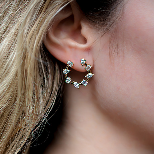 Multi Shape Diamond Swirl Earrings on model 